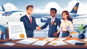 دو نفر در حال ثبت شرکت هواپیمایی با رضایت