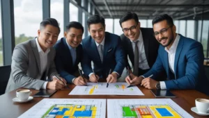 ثبت شرکت عمرانی تصویر 5 تا مهندس که در حال نگاه کردن به نقشه هستند