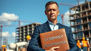 ثبت شرکت عمرانی تصویر یک مرد ایستاده در مقابل ساختمان های نیمه کاره با برگه ثبت شرکت عمرانی