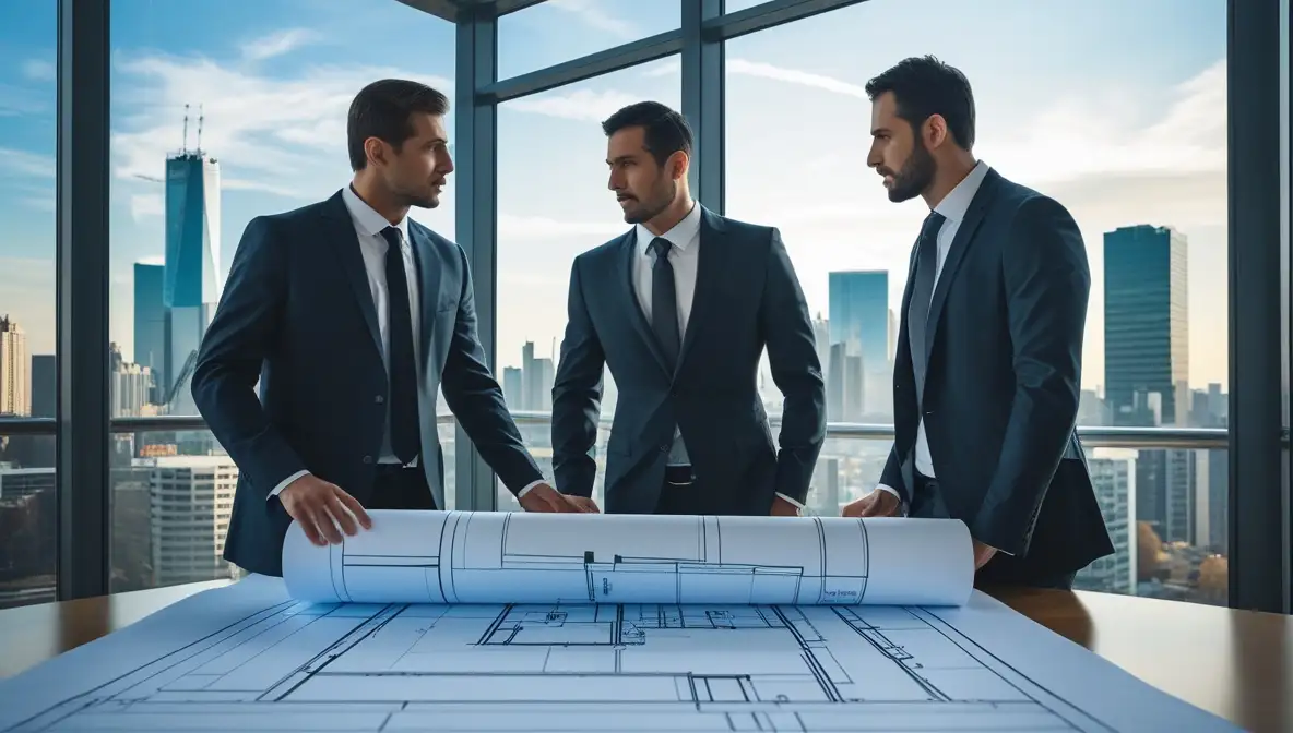 تصویر سه نفر که با کت و شلوار در حال انجام ثبت شرکت پیمانکاری هستند