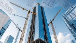 تصویر چند ساختمان و جرثقیل که کنار هم هستند