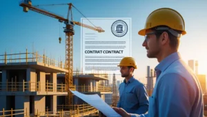 تصویر دوتا مهندس در کنار ساختمان و یک جرثقیل ساکن زرد