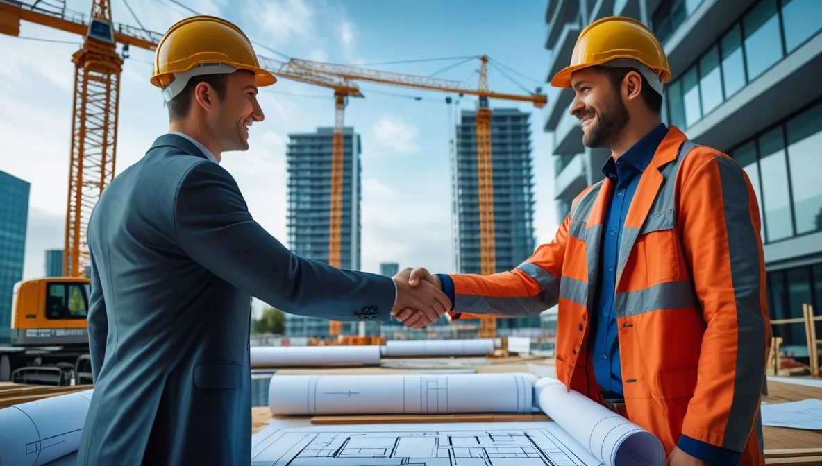 تصویر دو نفر در ثبت شرکت ساختمانی یکی با کت و شلوار و دیگری با لباس مهندسی نارنجی