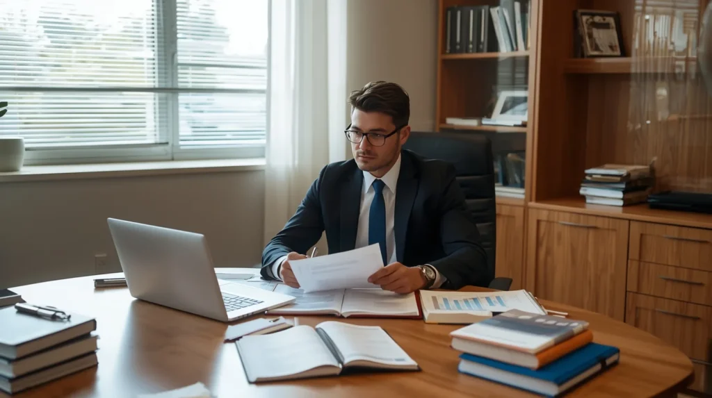 یک مدیر در حال کار با لب تاپ