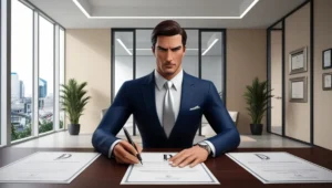 تصویر یک مرد عصبانی در حال امضا کردن برگه ها