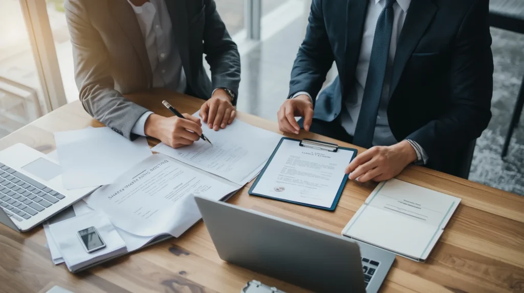 Lucid Origin A business meeting scene with two shareholders re 1