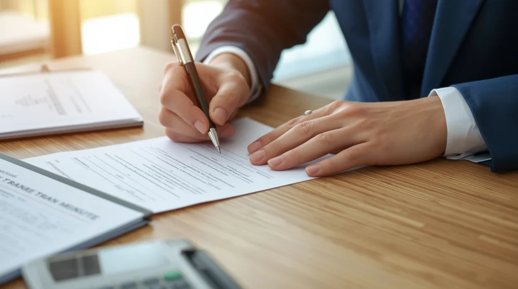 Lucid Origin A closeup of hands signing a share transfer meeti 0