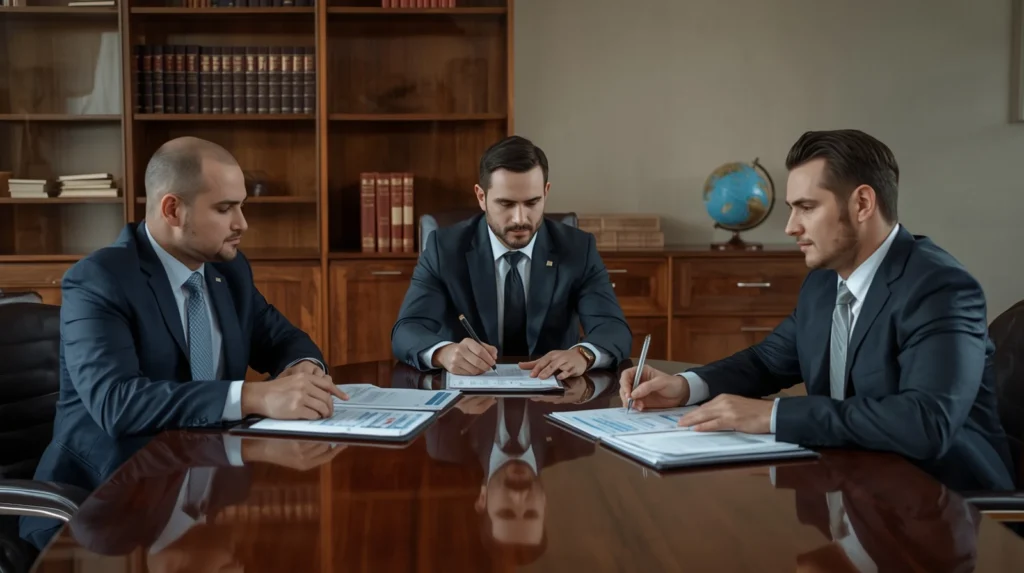 Lucid Origin A modern conference room with three directors two 3