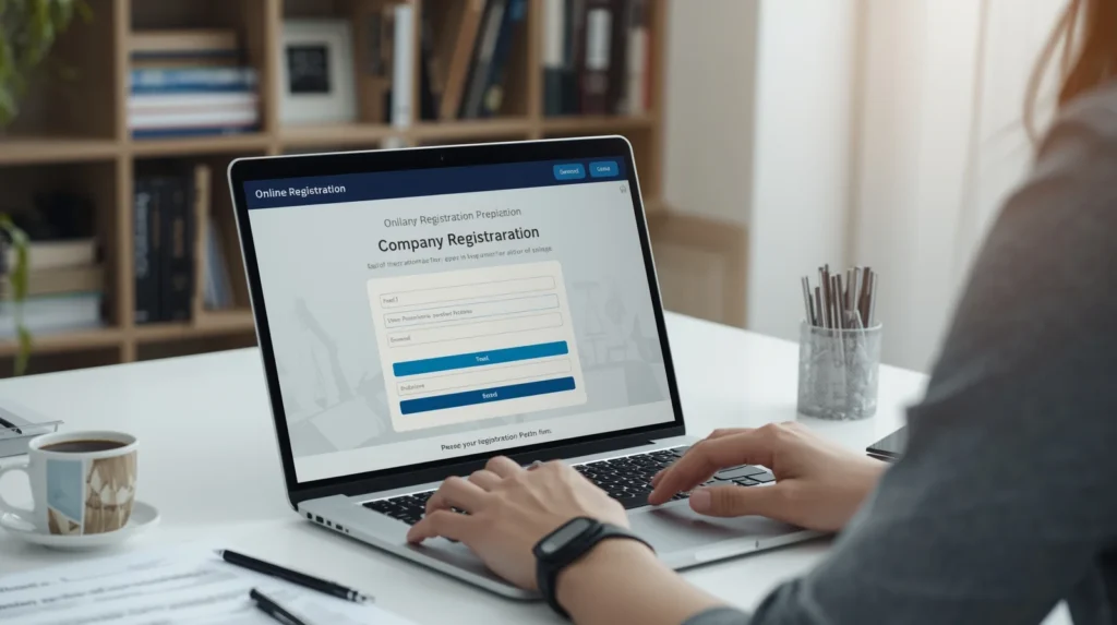 یک میز که روش یه لب تاپ عه
