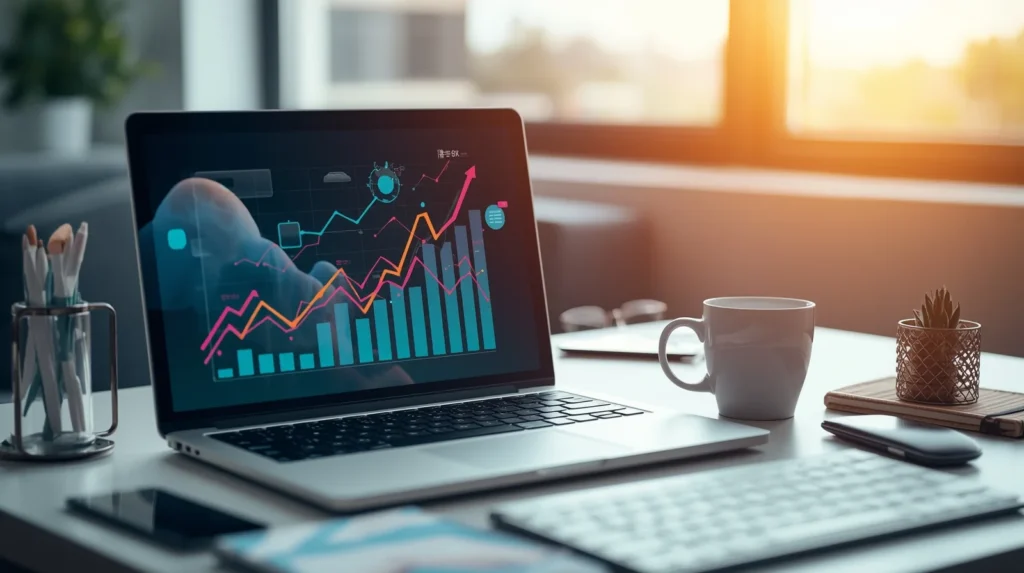 یک لب تاپ که چارت سود زیان روش عه