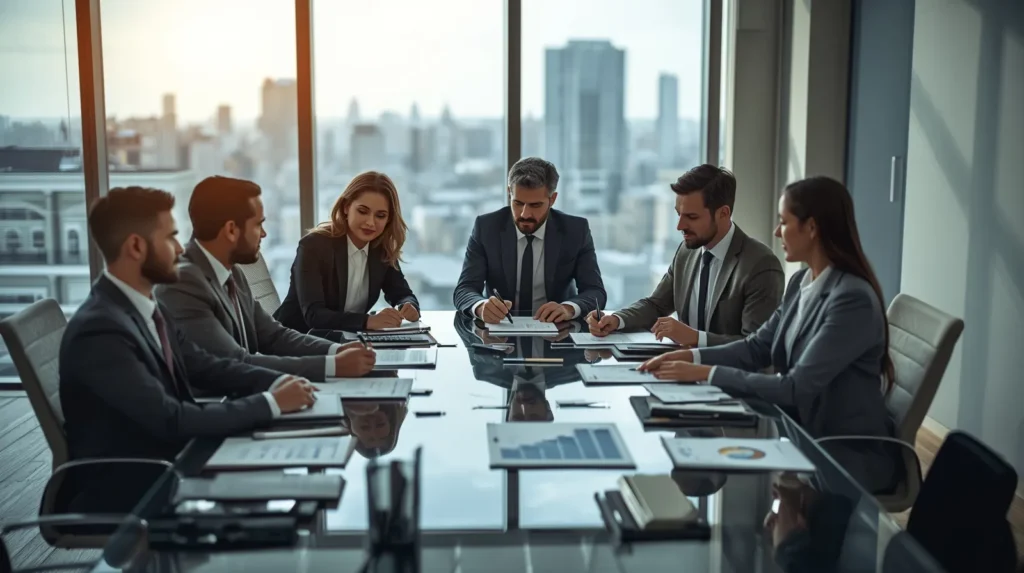 مدیران و اعضای یک شرکت چند منظوره دور میز نشسته اند