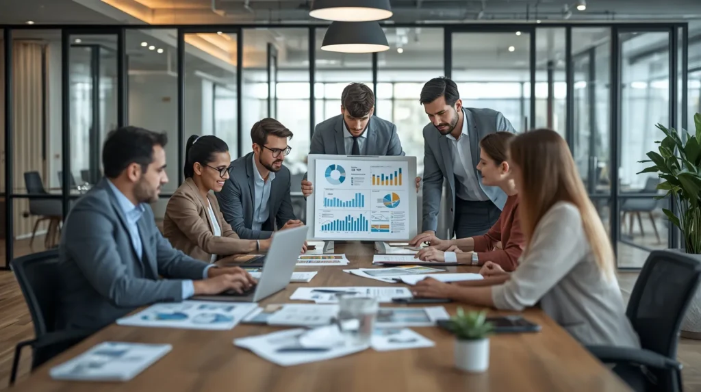 کارمند های یک شرکت درحال چک کردن داده رو مانیتور